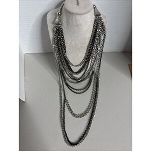 MULTI CHAIN RHINESTONE‎ NECKLACE Black Silver Tone Heavy 18.5" Long